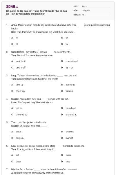 Đề cương ôn tập cuối kì 1 Tiếng Anh 9 Friends Plus có đáp án - Part 5: Vocabulary and grammar