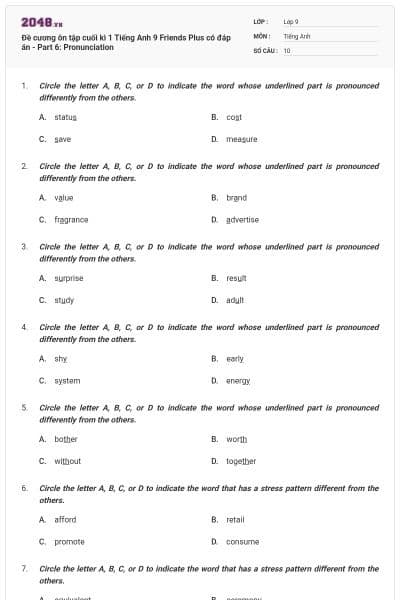 Đề cương ôn tập cuối kì 1 Tiếng Anh 9 Friends Plus có đáp án - Part 6: Pronunciation