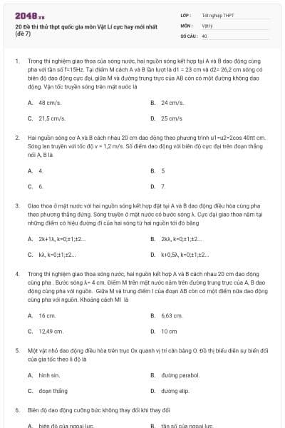 20 Đề thi thử thpt quốc gia môn Vật Lí cực hay mới nhất (đề 7)