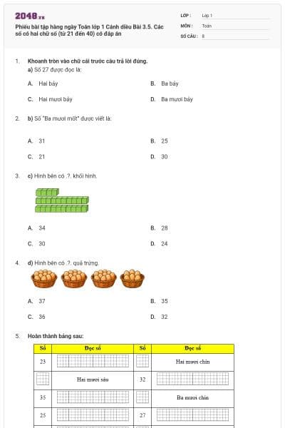 Phiếu bài tập hàng ngày Toán lớp 1 Cánh diều Bài 3.5. Các số có hai chữ số (từ 21 đến 40) có đáp án