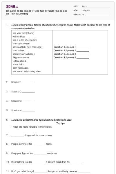 Đề cương ôn tập giữa kì 1 Tiếng Anh 9 Friends Plus có đáp án - Part 1: Listening