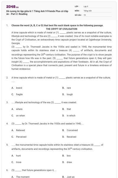 Đề cương ôn tập giữa kì 1 Tiếng Anh 9 Friends Plus có đáp án - Part 2: Reading