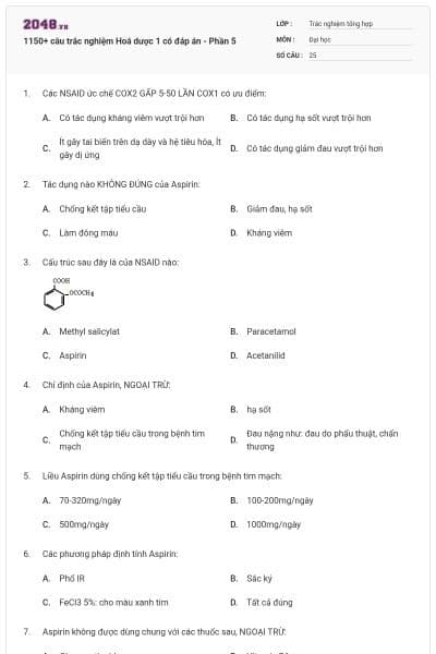 1150+ câu trắc nghiệm Hoá dược 1 có đáp án - Phần 5