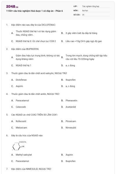 1150+ câu trắc nghiệm Hoá dược 1 có đáp án - Phần 6