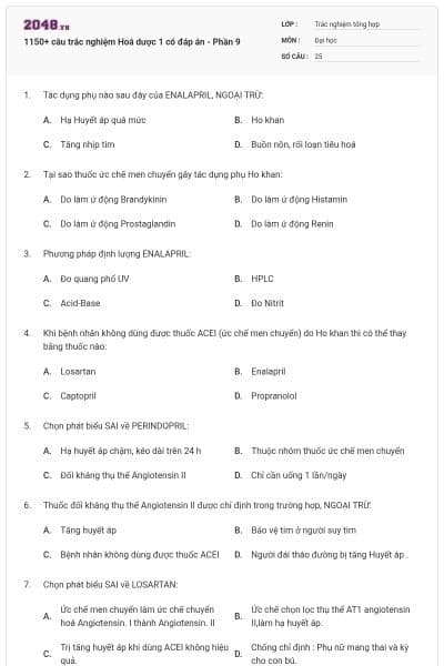 1150+ câu trắc nghiệm Hoá dược 1 có đáp án - Phần 9
