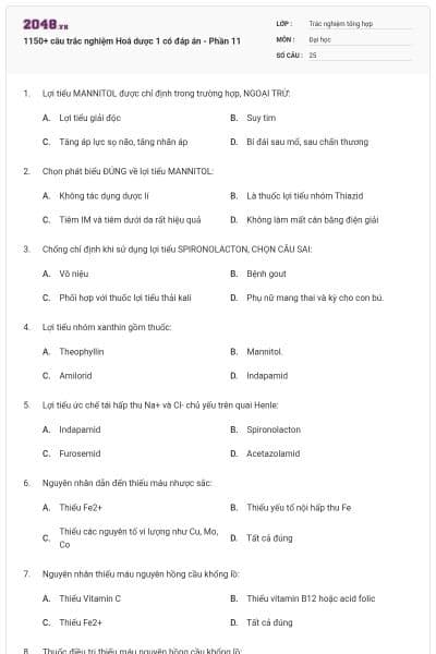 1150+ câu trắc nghiệm Hoá dược 1 có đáp án - Phần 11