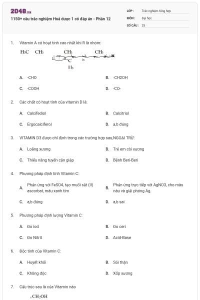 1150+ câu trắc nghiệm Hoá dược 1 có đáp án - Phần 12