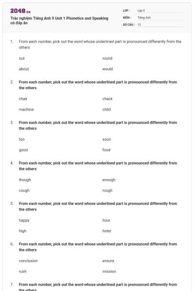 Trắc nghiệm Tiếng Anh 9 Unit 1 Phonetics and Speaking có đáp án