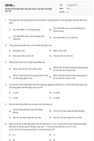 20 Đề thi thử thpt quốc gia môn Vật Lí cực hay mới nhất (đề 10)