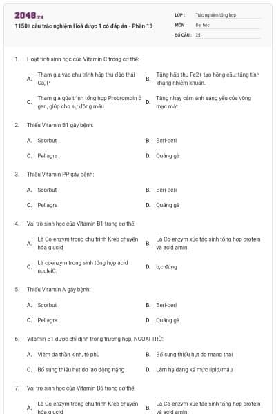 1150+ câu trắc nghiệm Hoá dược 1 có đáp án - Phần 13