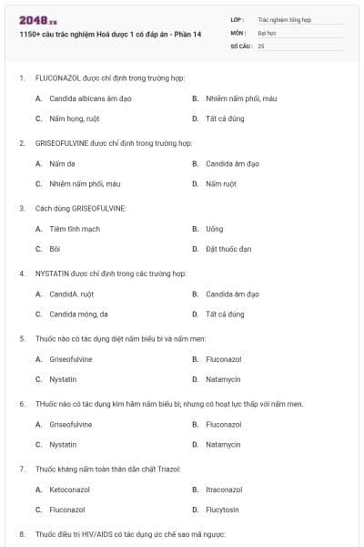 1150+ câu trắc nghiệm Hoá dược 1 có đáp án - Phần 14