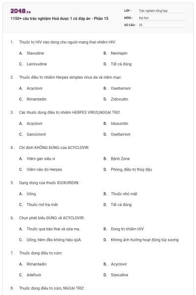 1150+ câu trắc nghiệm Hoá dược 1 có đáp án - Phần 15