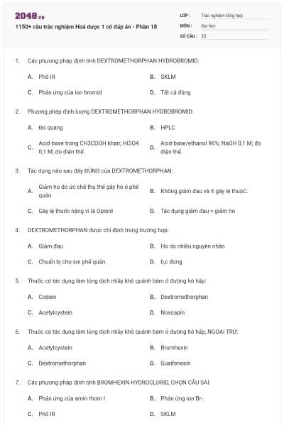 1150+ câu trắc nghiệm Hoá dược 1 có đáp án - Phần 18