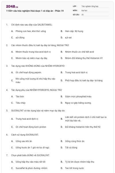 1150+ câu trắc nghiệm Hoá dược 1 có đáp án - Phần 19