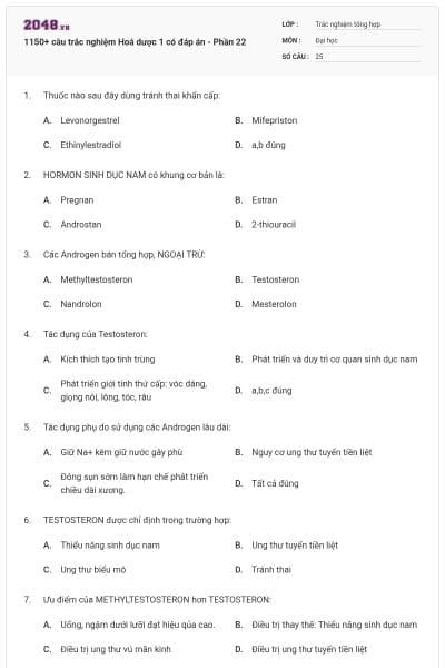 1150+ câu trắc nghiệm Hoá dược 1 có đáp án - Phần 22