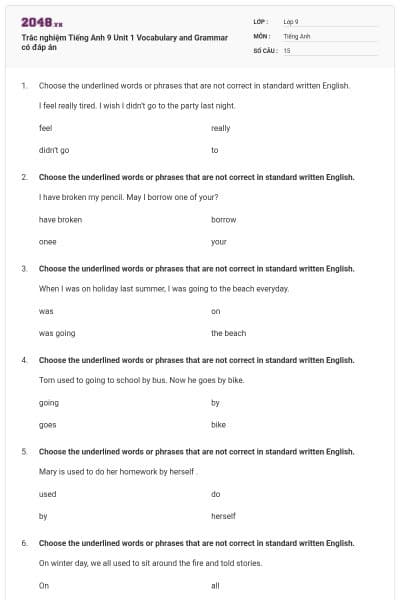 Trắc nghiệm Tiếng Anh 9 Unit 1 Vocabulary and Grammar có đáp án