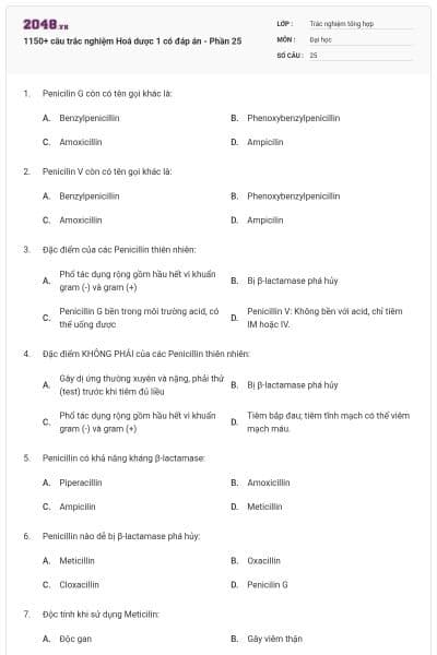 1150+ câu trắc nghiệm Hoá dược 1 có đáp án - Phần 25