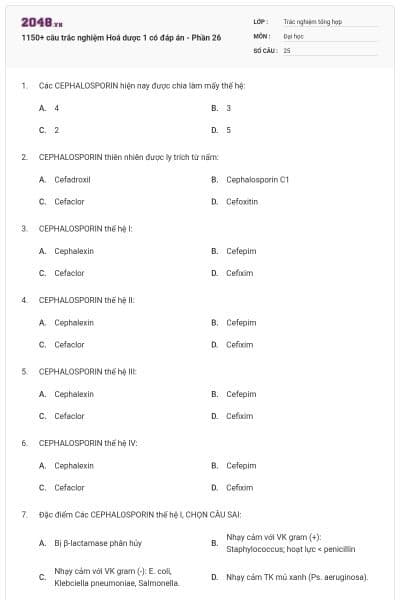 1150+ câu trắc nghiệm Hoá dược 1 có đáp án - Phần 26