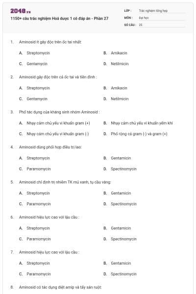 1150+ câu trắc nghiệm Hoá dược 1 có đáp án - Phần 27