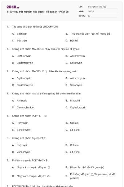 1150+ câu trắc nghiệm Hoá dược 1 có đáp án - Phần 28