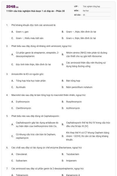 1150+ câu trắc nghiệm Hoá dược 1 có đáp án - Phần 30