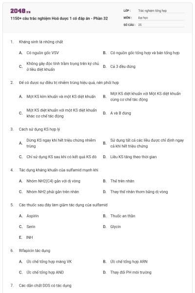 1150+ câu trắc nghiệm Hoá dược 1 có đáp án - Phần 32