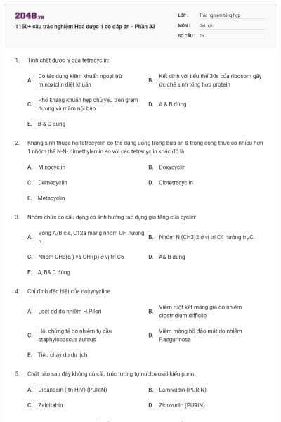 1150+ câu trắc nghiệm Hoá dược 1 có đáp án - Phần 33
