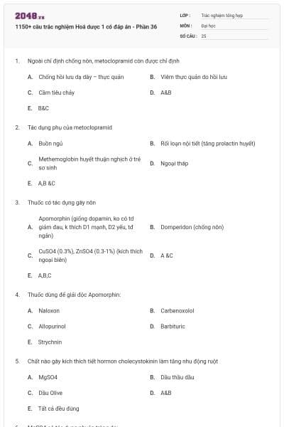 1150+ câu trắc nghiệm Hoá dược 1 có đáp án - Phần 36