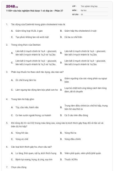 1150+ câu trắc nghiệm Hoá dược 1 có đáp án - Phần 37