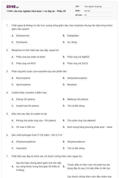 1150+ câu trắc nghiệm Hoá dược 1 có đáp án - Phần 39