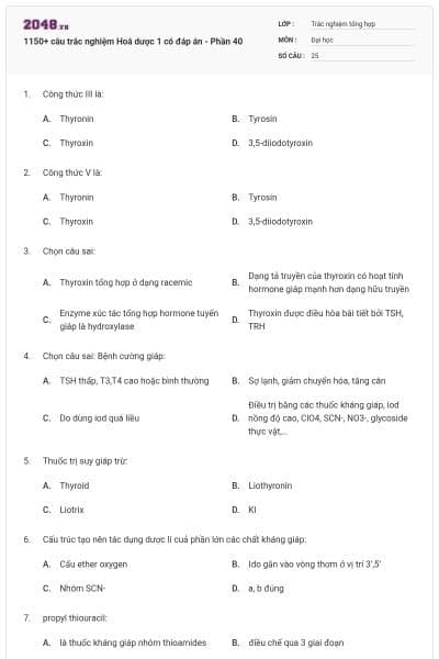 1150+ câu trắc nghiệm Hoá dược 1 có đáp án - Phần 40
