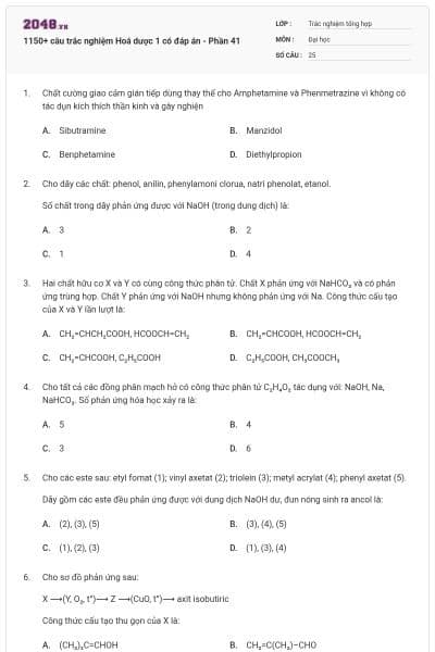 1150+ câu trắc nghiệm Hoá dược 1 có đáp án - Phần 41