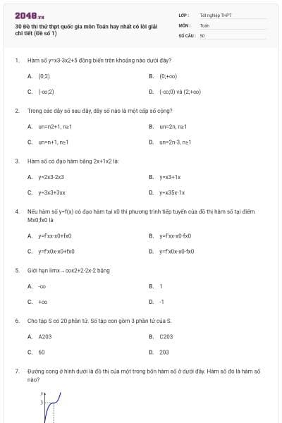 30 Đề thi thử thpt quốc gia môn Toán hay nhất có lời giải chi tiết (Đề số 1)