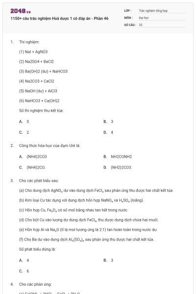 1150+ câu trắc nghiệm Hoá dược 1 có đáp án - Phần 46