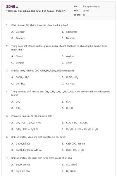 1150+ câu trắc nghiệm Hoá dược 1 có đáp án - Phần 47
