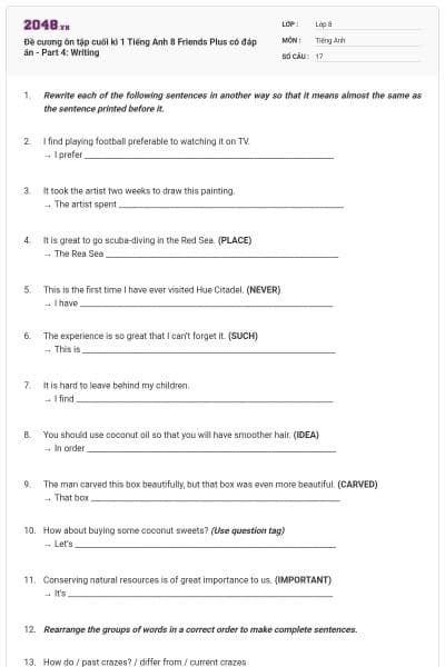 Đề cương ôn tập cuối kì 1 Tiếng Anh 8 Friends Plus có đáp án - Part 4: Writing