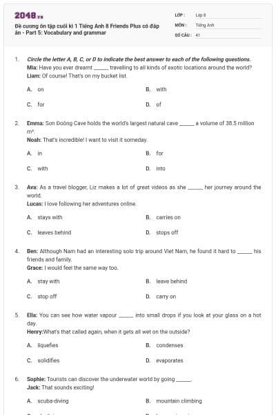 Đề cương ôn tập cuối kì 1 Tiếng Anh 8 Friends Plus có đáp án - Part 5: Vocabulary and grammar