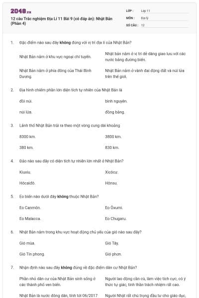 12 câu  Trắc nghiệm Địa Lí 11 Bài 9 (có đáp án): Nhật Bản (Phần 4)