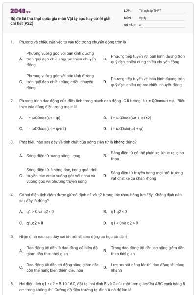 Bộ đề thi thử thpt quốc gia môn Vật Lý cực hay có lời giải chi tiết (P22)