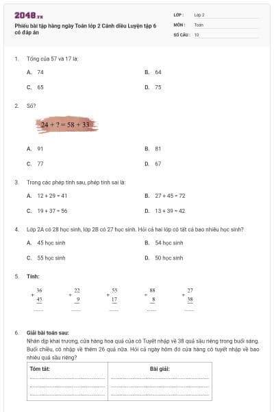 Phiếu bài tập hàng ngày Toán lớp 2 Cánh diều Luyện tập 6 có đáp án