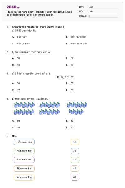 Phiếu bài tập hàng ngày Toán lớp 1 Cánh diều Bài 3.6. Các số có hai chữ số (từ 41 đến 70) có đáp án