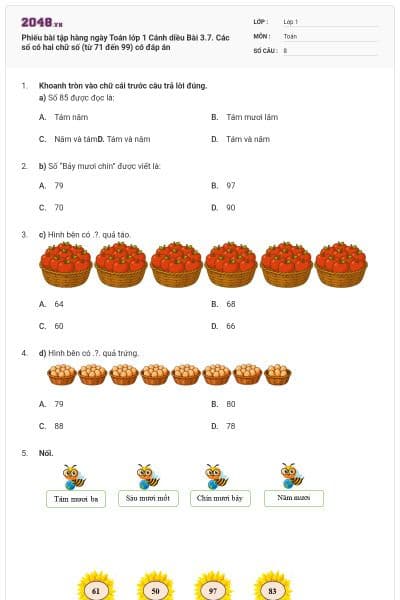 Phiếu bài tập hàng ngày Toán lớp 1 Cánh diều Bài 3.7. Các số có hai chữ số (từ 71 đến 99) có đáp án