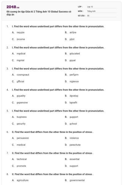 Đề cương ôn tập Giữa kì 2 Tiếng Anh 10 Global Success có đáp án