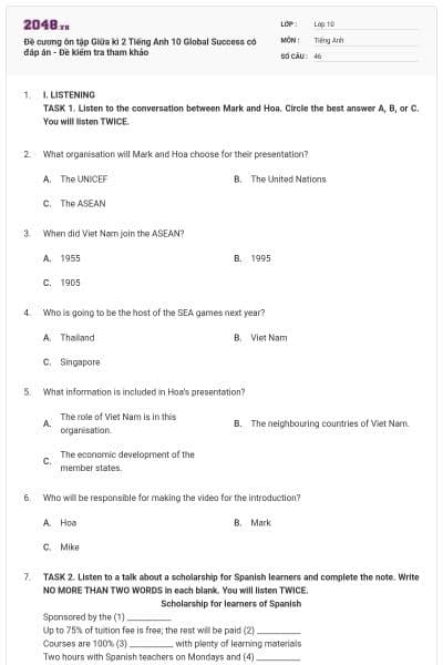 Đề cương ôn tập Giữa kì 2 Tiếng Anh 10 Global Success có đáp án - Đề kiểm tra tham khảo