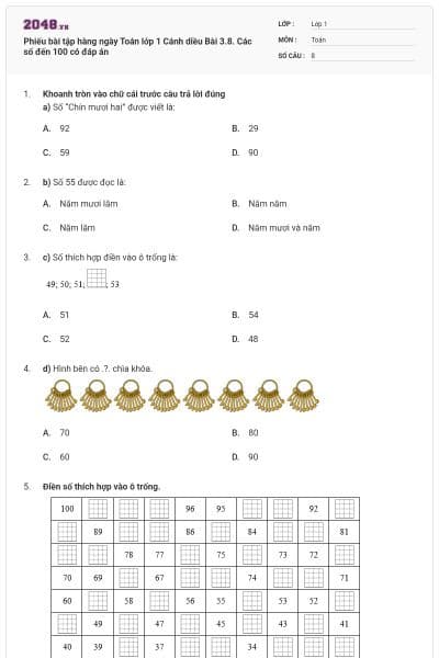Phiếu bài tập hàng ngày Toán lớp 1 Cánh diều Bài 3.8. Các số đến 100 có đáp án