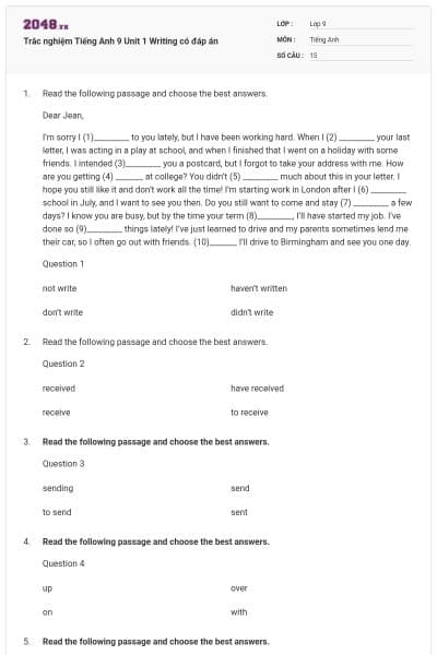 Trắc nghiệm Tiếng Anh 9 Unit 1 Writing có đáp án