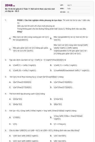 Bộ 14 đề thi giữa kì 2 Toán 11 Kết nối tri thức cấu trúc mới có đáp án - Đề 5