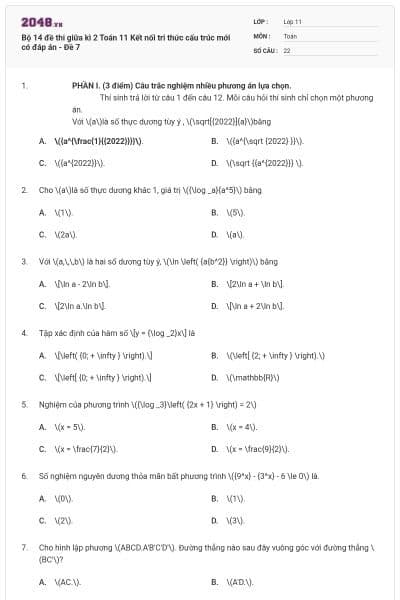 Bộ 14 đề thi giữa kì 2 Toán 11 Kết nối tri thức cấu trúc mới có đáp án - Đề 7