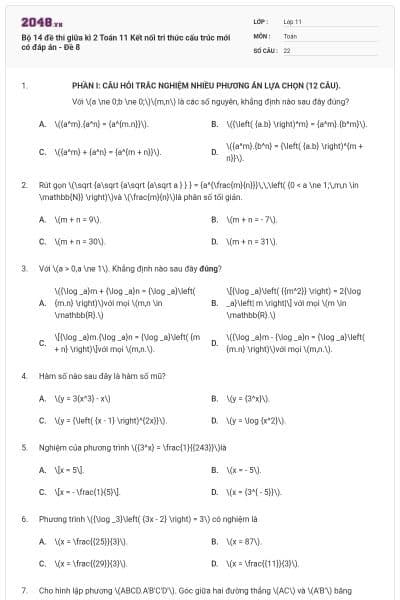 Bộ 14 đề thi giữa kì 2 Toán 11 Kết nối tri thức cấu trúc mới có đáp án - Đề 8