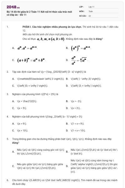 Bộ 14 đề thi giữa kì 2 Toán 11 Kết nối tri thức cấu trúc mới có đáp án - Đề 11